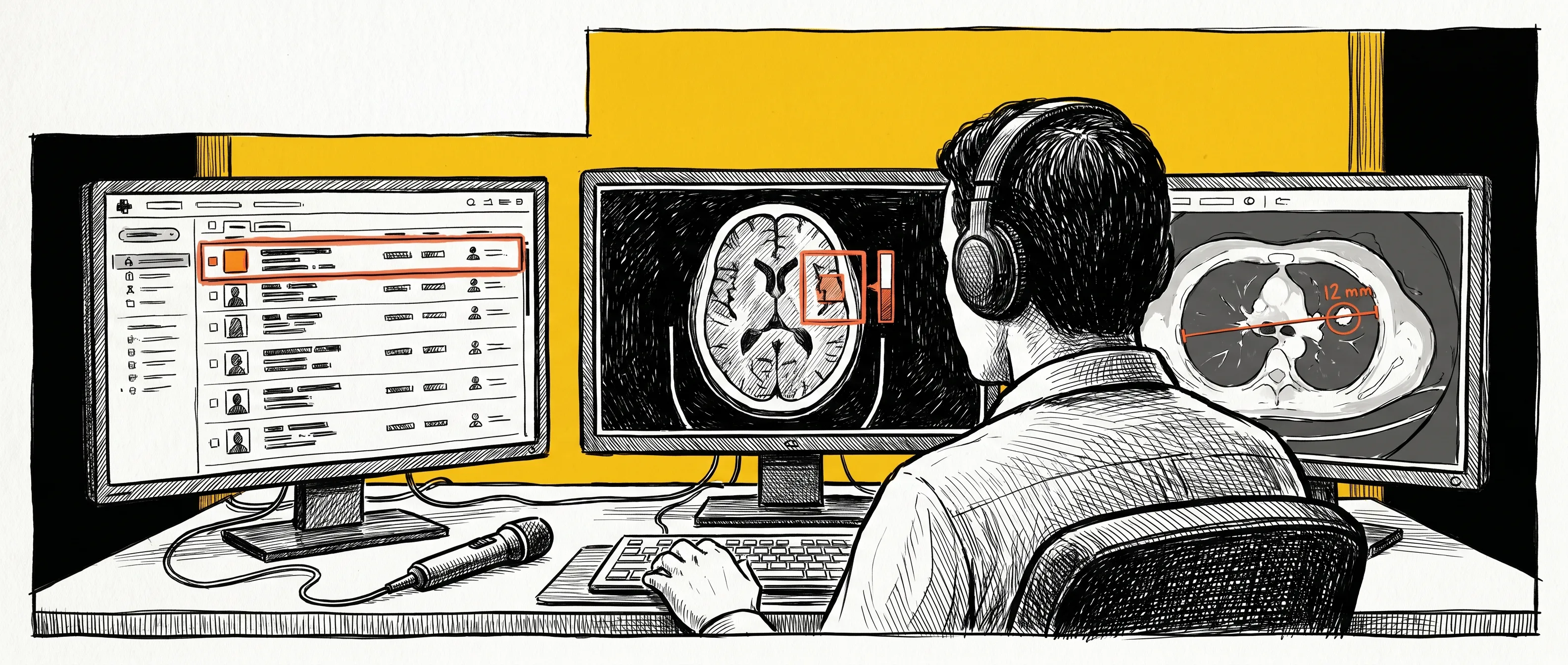 Editorial ink illustration on a saturated yellow background — a radiologist seen from behind at a three-monitor PACS workstation, wearing headphones, with a worklist on the left monitor, an axial brain CT with an AI bounding box on the center monitor, and an axial chest CT with a measurement annotation on a pulmonary nodule on the right monitor, dictation microphone on the desk