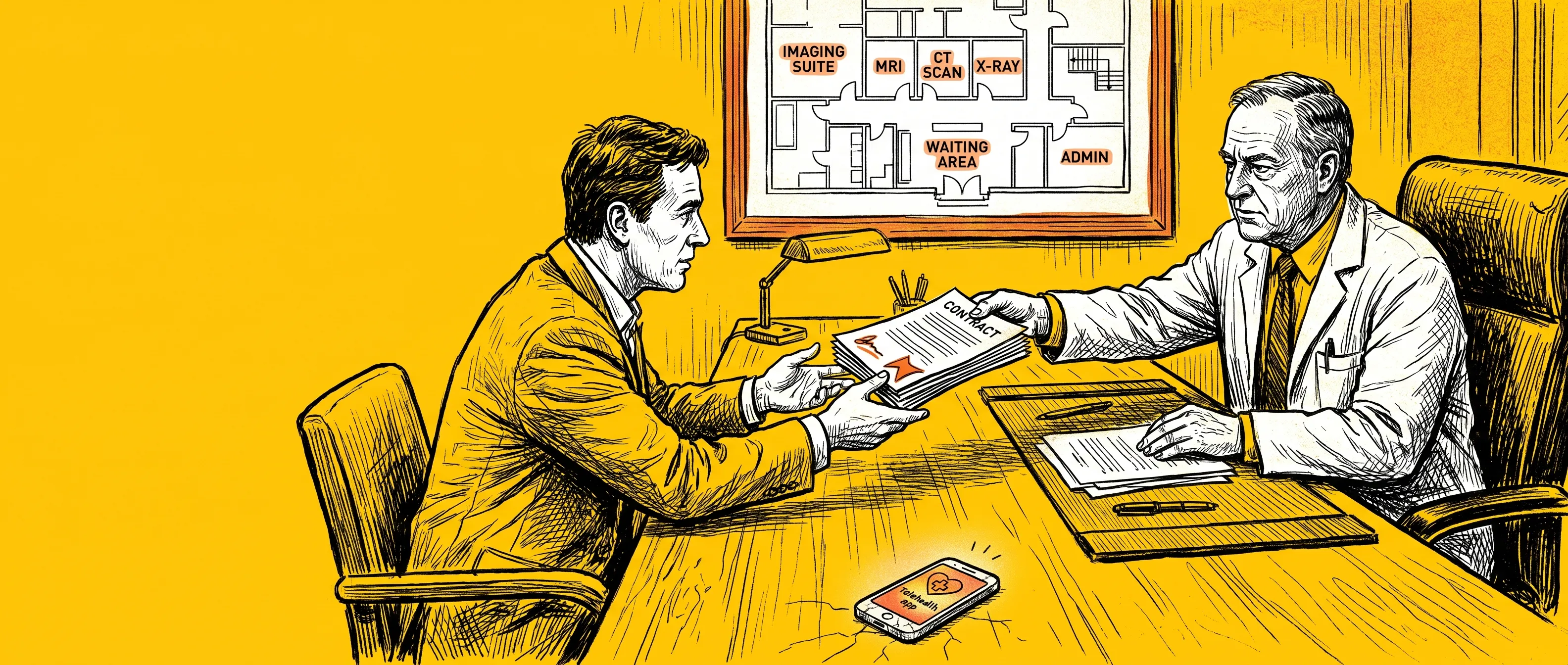 Editorial ink illustration on a saturated yellow background — a hospital executive in a white coat sliding a thick contract across a desk to a radiology group representative, framed hospital floor plan with imaging suite labels on the wall behind, and a faded consumer-telehealth smartphone discarded on the desk