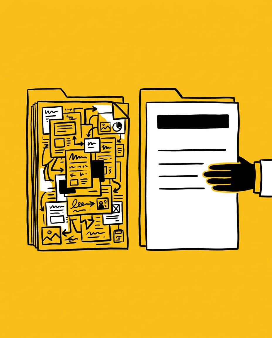 Editorial ink illustration on a saturated yellow background — two stacked proposal documents shown side by side, the left one dense and cluttered with logos and jargon, the right one spare and clean with generous white space and a single clear headline, a hand reaching for the clean one
