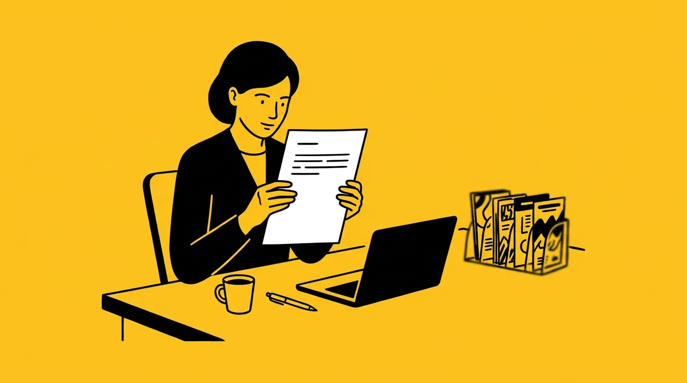 Editorial ink illustration on a saturated yellow background — a clinician-executive at a clean desk reading a single crisp printed proposal page, a laptop showing a blank document beside it, with a coffee cup and a pen, the page clearly the center of attention while a row of glossy unread marketing brochures sits ignored at the edge of the desk