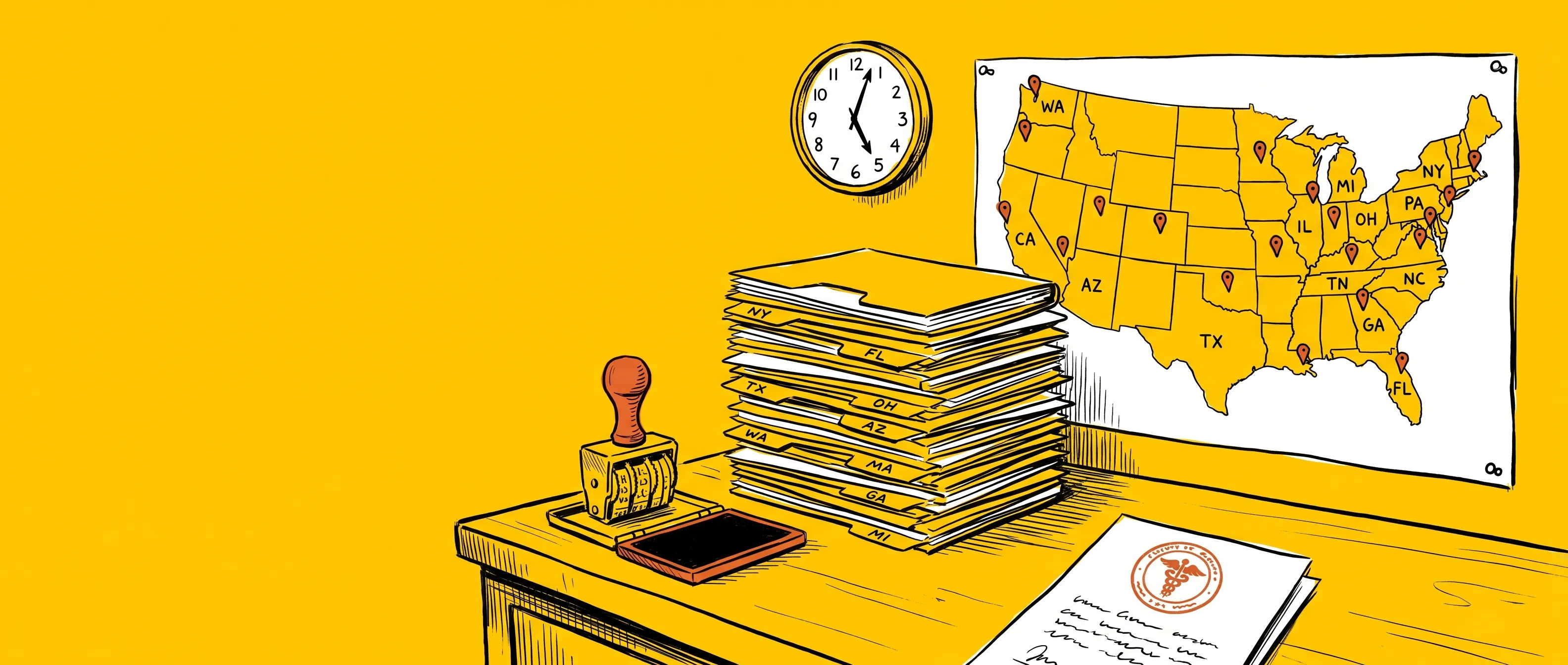 Editorial ink illustration on a saturated yellow background — a credentialing office desk piled with state-labeled manila folders (CA, NY, FL, TX, OH, AZ visible), a rubber date stamp and ink pad, a wall clock, a US outline map with pins at many states, and a medical license certificate with a seal