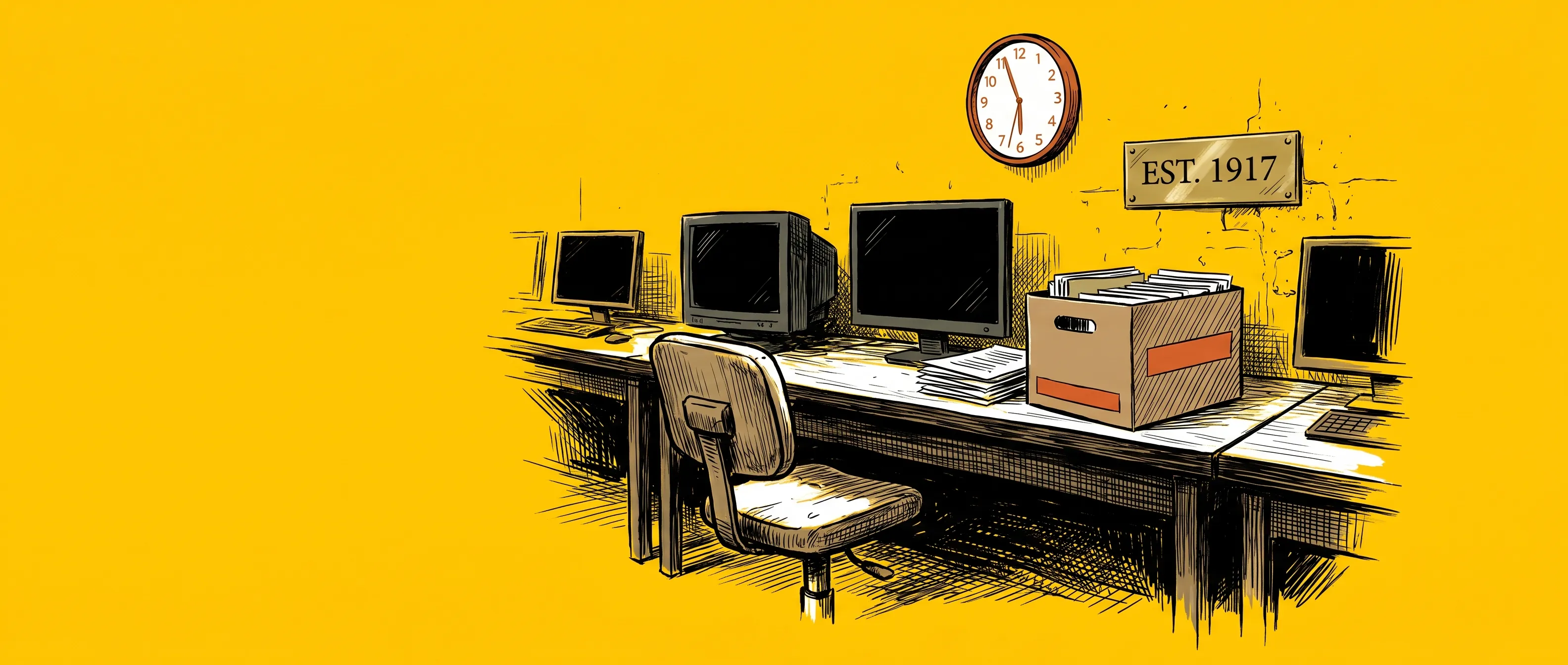 Editorial ink illustration of an empty radiology reading room on a saturated yellow background — dark monitors, an office chair pushed back, a half-packed cardboard file box on the desk, and a small brass wall plaque reading EST. 1917